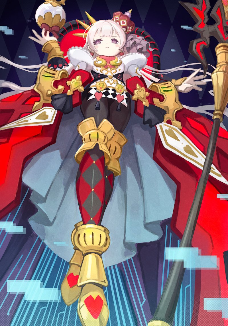 1girl black_leggings blush checkered_background checkered_clothes checkered_legwear closed_mouth crown dress duel_monster from_below ishii_(young-moon) leggings long_hair long_sleeves maliss_&lt;q&gt;_hearts_crypter scepter solo white_hair yu-gi-oh!