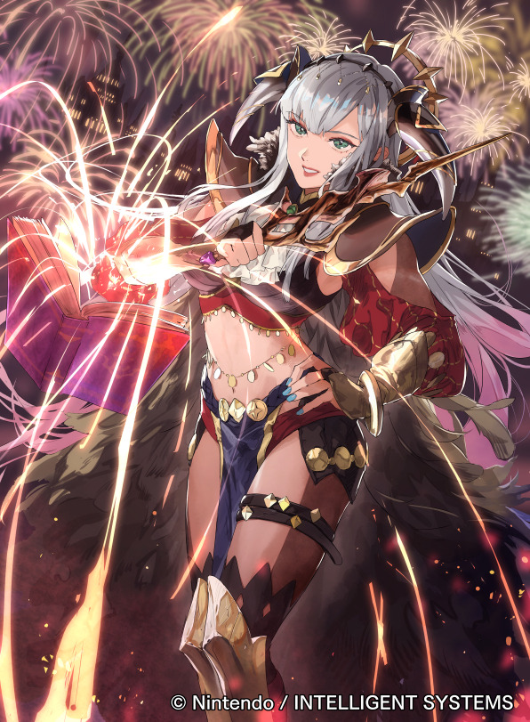 1girl blue_nails book commentary_request company_name copyright_notice fire_emblem fire_emblem_cipher fire_emblem_fates fireworks floating floating_book floating_object green_eyes grey_hair holding holding_wand long_hair makeup mayo_(becky2006) nail_polish navel nintendo official_art open_book parted_lips pelvic_curtain shade_(fire_emblem) solo sorcerer_(fire_emblem_fates) wand