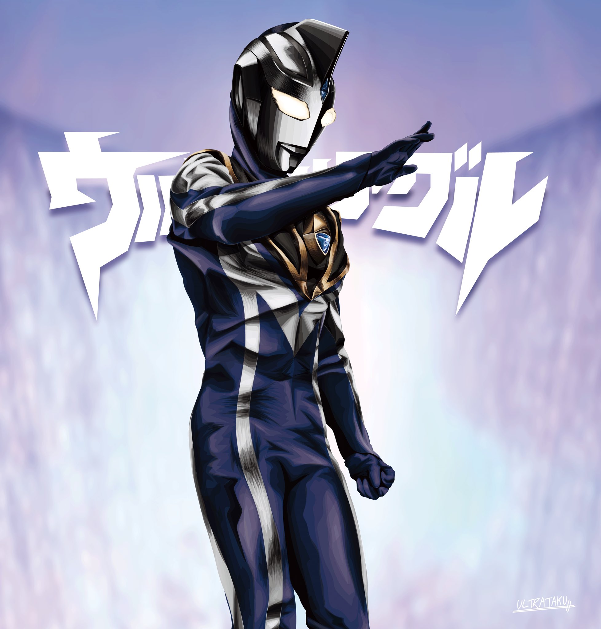 1boy alien armor artist_name blue_background blue_skin blurry blurry_background breastplate character_name clenched_hand color_timer colored_skin commentary compound_eyes cowboy_shot dorsal_fin forehead_jewel glowing glowing_eyes gold_trim hand_up highres looking_down male_focus multicolored_skin pectorals signature silver_skin solo standing tokusatsu ultra_series ultraman_agul ultraman_gaia_(series) ultrataku water waterfall white_eyes wrinkled_skin