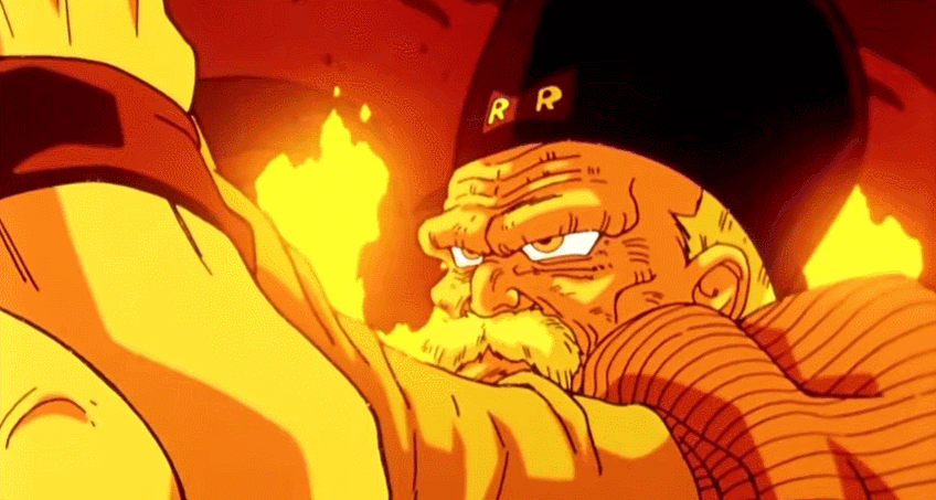 1990s_(style) 3boys android android_19 animated animated_gif anime_screenshot bare_shoulders belt black_eyes black_hair colored_skin cyborg destruction dougi dr._gero_(dragon_ball) dragon_ball dragonball_z earrings emblem facial_hair fire formal_clothes hat impaled jewelry long_hair male_focus martial_arts_belt multiple_boys mustache no_eyebrows old old_man pain retro_artstyle scar smoke spiked_hair suit vest violence white_hair white_skin wrinkled_skin wristband yamcha
