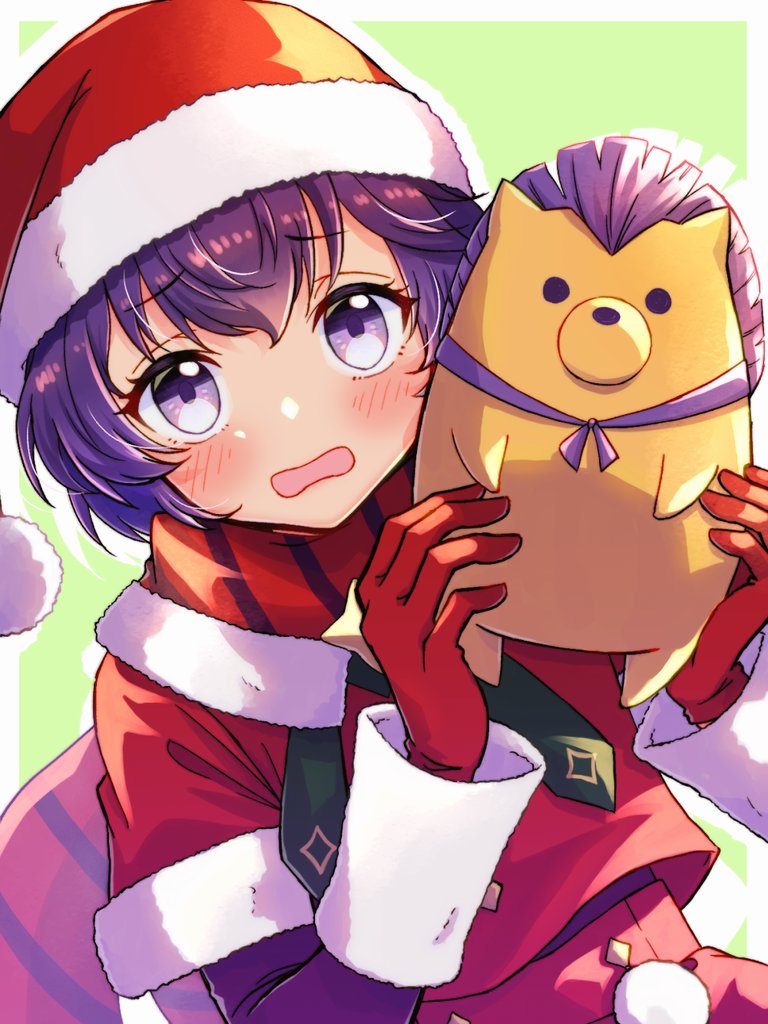 1girl bernadetta_von_varley bernadetta_von_varley_(winter) christmas fire_emblem fire_emblem:_three_houses fire_emblem_heroes gloves gogatsu_(yeaholiday) hat holding holding_stuffed_toy nervous nintendo purple_eyes purple_hair santa_costume santa_hat solo stuffed_animal stuffed_hedgehog stuffed_toy