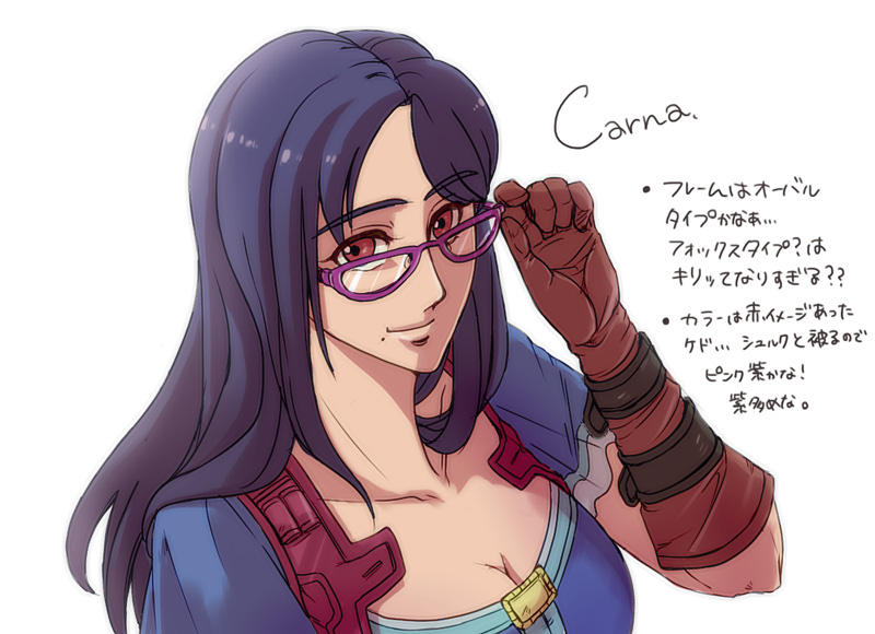 1girl black_hair breasts brown_eyes brown_gloves cleavage closed_mouth ducheng glasses gloves long_hair looking_at_viewer medium_breasts mole mole_under_mouth sharla_(xenoblade) simple_background smile solo upper_body white_background xenoblade_chronicles_(series) xenoblade_chronicles_1