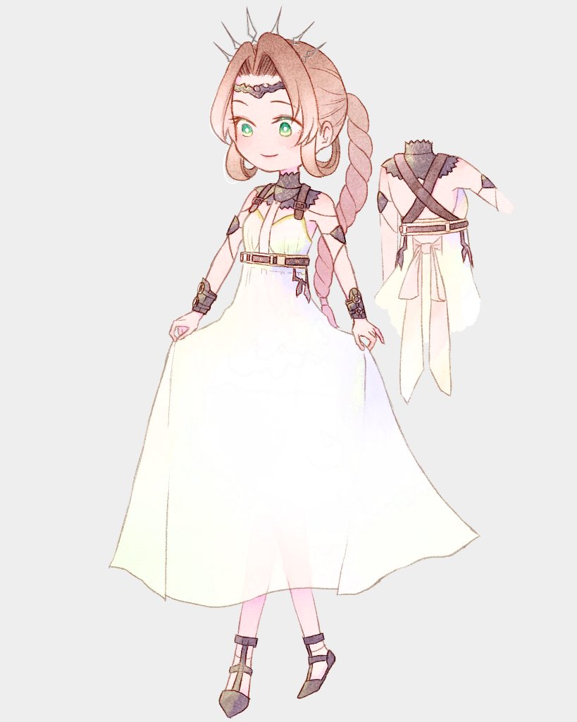 1girl aerith_gainsborough aerith_gainsborough_(loveless_dress) back_bow bare_shoulders bluelimbo8888 bow braid braided_ponytail breasts brown_hair circlet closed_mouth crown detached_collar dress final_fantasy final_fantasy_vii final_fantasy_vii_rebirth final_fantasy_vii_remake gladiator_sandals green_eyes grey_background harness long_dress long_hair medium_breasts official_alternate_costume parted_bangs sandals sidelocks single_braid smile solo white_dress