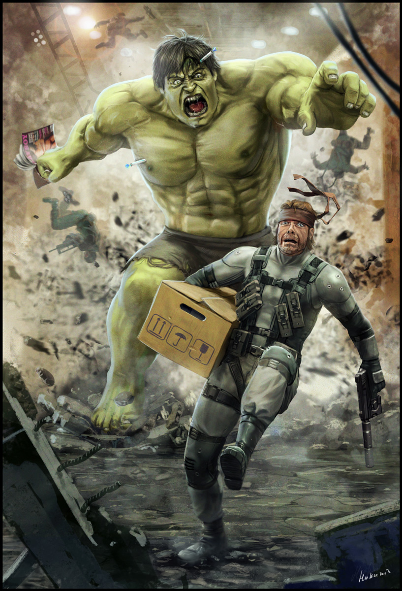 2boys an/peq-6 angry assault_rifle bandana bodysuit box bruce_banner bullpup chasing colored_skin crossover dart destruction famas flashlight fleeing gloves green_skin gun h&amp;k_mark_23 handgun headband heckler_&amp;_koch highres hilarious hokunin hulk insight_technology kac_mk23_suppressor knight&#039;s_armament_company laser_aiming_module laser_pointer laser_sight magazine_(object) male_focus marvel match_grade match_grade_firearm match_grade_pistol md5_mismatch metal_gear_(series) metal_gear_solid mk23 multiple_boys offensive_handgun open_mouth playboy product_placement realistic resized resolution_mismatch rifle running scared signature soldier solid_snake source_larger suppressor tactical_light weapon you_gonna_get_raped