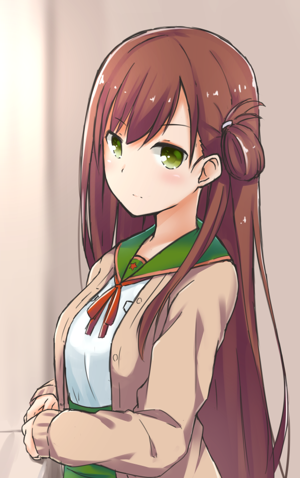 1girl 53c_(ray_cordova) brown_hair female_focus gakkou_gurashi! green_eyes hair_ornament long_hair neck_ribbon red_ribbon ribbon school_uniform shirt solo star_(symbol) star_print very_long_hair wakasa_yuuri white_shirt
