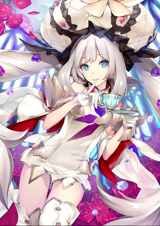 1girl blue_eyes boots breasts cowboy_shot cup dress dutch_angle fate/grand_order fate_(series) flower ginka_sima gloves half_gloves hat high_collar holding holding_cup holding_saucer long_hair looking_at_viewer marie_antoinette_(fate) marie_antoinette_(third_ascension)_(fate) official_art parted_lips pinky_out rose saucer short_dress sidelocks sleeveless sleeveless_dress smile solo teacup teeth thigh_boots third-party_source twintails very_long_hair white_boots white_dress white_gloves white_hair white_hat