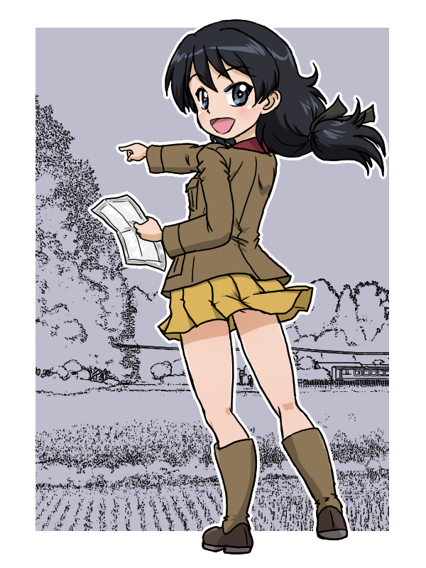 1girl black_eyes black_hair brown_jacket chi-hatan_military_uniform forest from_behind girls_und_panzer grey_background holding holding_map jacket kubota_rin long_hair low_ponytail map nature open_mouth pointing pointing_forward ponytail red_shirt rice_paddy shirt skirt smile takahashi_kurage tree yellow_skirt