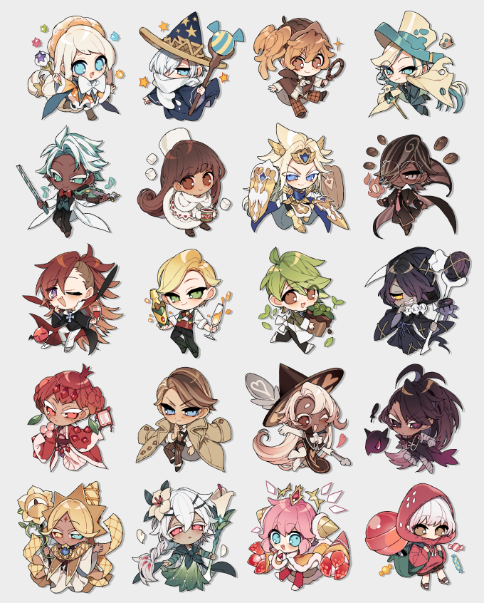 6+boys 6+girls ahoge almond_cookie bird black_raisin_cookie braid brown_eyes brown_hair candy capelet cheese chibi closed_mouth cocoa_cookie coffee_beans cookie_run cookie_run:_kingdom cookie_run:_ovenbreak cream_puff_cookie crow cup dark-skinned_female dark-skinned_male dark_skin dress espresso_cookie food food-themed_hat full_body fur_hat green_eyes green_hair hair_ornament hat herb_cookie heterochromia high_ponytail holding holding_cup holding_magnifying_glass holding_scythe holding_staff holding_wand humanization instrument latte_cookie leaf_hair_ornament licorice_cookie lollipop long_hair long_sleeves looking_at_viewer madeleine_cookie magnifying_glass marshmallow mint_choco_cookie multicolored_hair multiple_boys multiple_girls papakha pink_hair plant_hair pomegranate_cookie ponytail pure_vanilla_cookie red_eyes red_hair roguefort_cookie sapphire_(nine) scarf scythe side_ponytail simple_background smile sparkling_cookie spoon staff strawberry_cookie strawberry_crepe_cookie streaked_hair top_hat vampire_cookie very_long_hair violin walnut_cookie wand white_background white_capelet white_dress white_hair white_hat white_lily_cookie white_scarf wizard_cookie