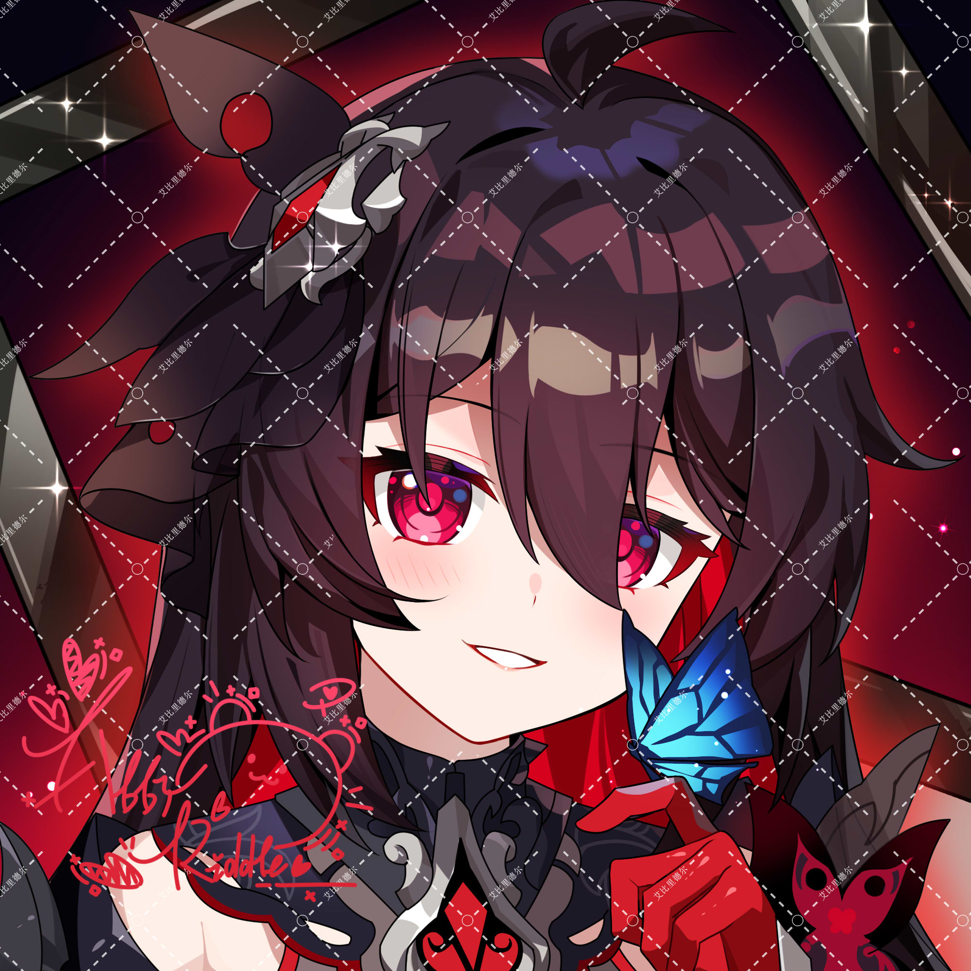 1girl abby_riddle black_dress black_hair blue_butterfly bug butterfly butterfly_on_hand chinese_commentary colored_inner_hair commentary dress gloves highres honkai_(series) honkai_impact_3rd insect light_blush long_hair multicolored_hair portrait red_eyes red_gloves red_hair seele_(alter_ego) seele_vollerei seele_vollerei_(starchasm_nyx) signature smile solo two-tone_hair watermark watermark_grid