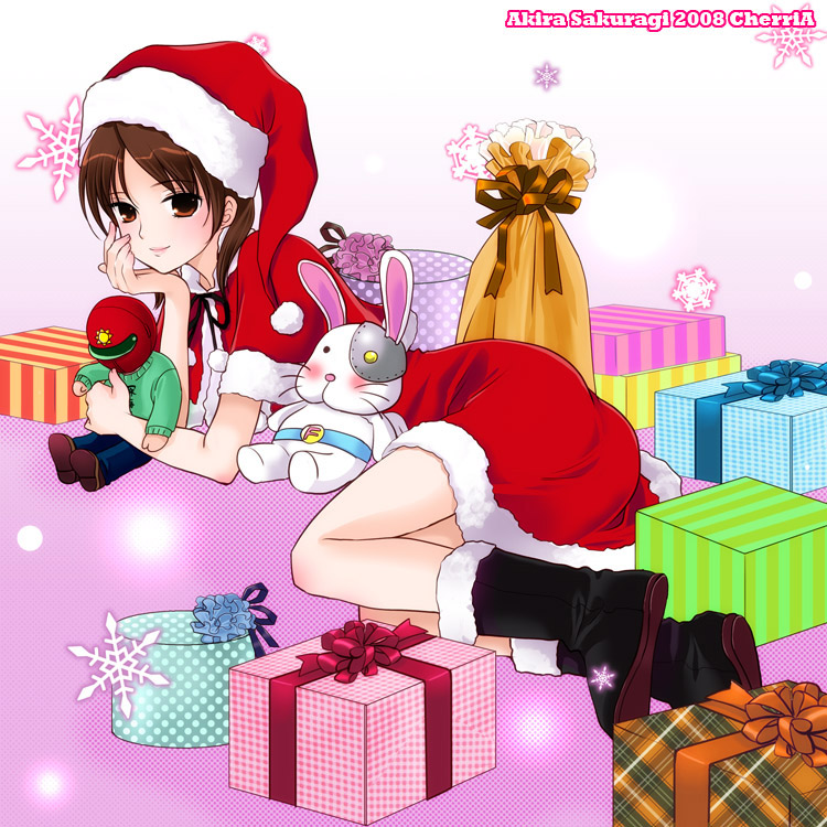00s 1girl ass boots box christmas female_focus from_behind fur_trim gift gift_box kayoko knee_boots looking_at_viewer lying on_side sack sakuragi_akira santa_costume solo sunred tentai_senshi_sunred uchida_kayoko usakotsu