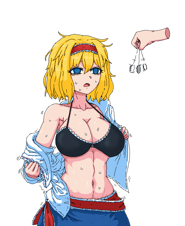1girl @_@ alice_margatroid black_bra blonde_hair blue_eyes blue_skirt bra breasts commentary_request formicid frilled_hairband frills frown hair_between_eyes hairband holding holding_pendulum hypnosis korean_commentary large_breasts lolita_hairband medium_hair messy_hair mind_control open_clothes open_mouth pendulum red_hairband shirt simple_background skirt sweat touhou underwear undressing upper_body white_background white_shirt