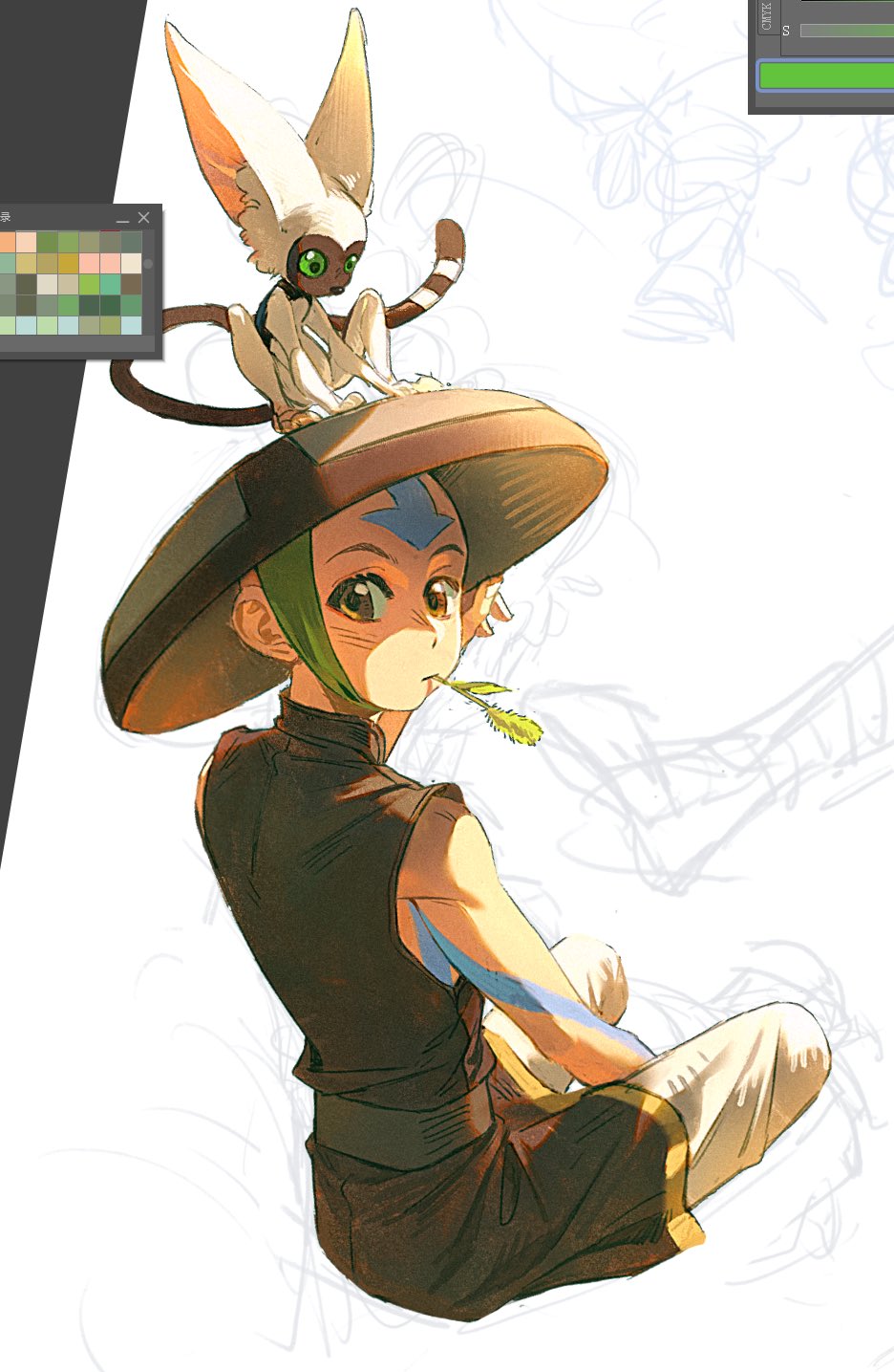 1boy 1other aang alternate_costume animal arrow_tattoo avatar:_the_last_airbender avatar_legends bald brown_eyes brown_tunic color_guide forehead_tattoo green_eyes gymnopedies2 hat head_tattoo highres lemur looking_at_viewer looking_back momo_(avatar) mouth_hold rice_hat sitting sketch sleeveless stalk_in_mouth tattoo tunic