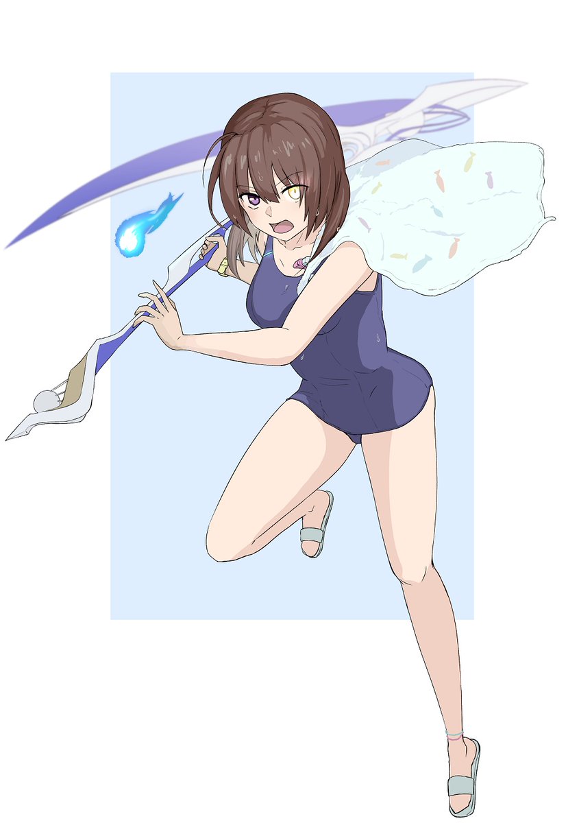1girl 39fuseya blue_fire blue_one-piece_swimsuit breasts brown_hair eyepatch fire heaven_burns_red highres hiiragi_kozue medium_hair one-piece_swimsuit one_eye_covered purple_eyes school_swimsuit solo swimsuit