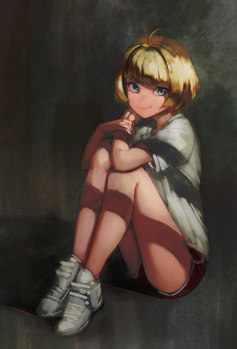 1girl blonde_hair blue_eyes blunt_bangs dappled_sunlight full_body grey_background griffon_(last_origin) gym_uniform highres hungr_(nyanom) last_origin looking_at_viewer red_shorts shirt shoes short_hair short_shorts short_sleeves shorts simple_background sitting smile sneakers solo sunlight white_shirt white_shoes