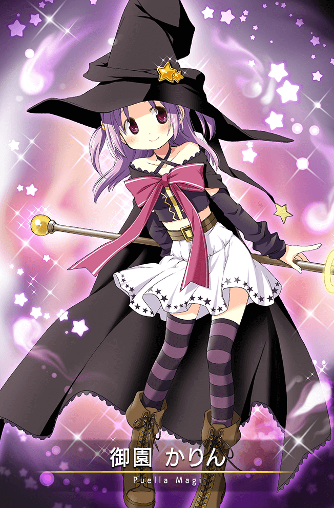 1girl aoki_ume bare_shoulders belt belt_buckle black_arm_warmers black_cape black_hat black_shirt black_thighhighs boots bow bowtie brown_belt brown_boots buckle cape card_(medium) character_name closed_mouth collarbone criss-cross_straps cropped_shirt full_body game_cg gem hair_ornament hat high-waist_skirt high_belt hitodama holding holding_behind_back holding_staff holding_weapon_behind_back lace-trimmed_cape lace-up_boots lace_trim leaning_to_the_side light_blush long_hair looking_at_viewer magia_record:_mahou_shoujo_madoka_magica_gaiden magical_girl mahou_shoujo_madoka_magica midriff miniskirt misono_karin official_art outline pink_bow pink_bowtie pink_eyes pleated_skirt purple_background purple_hair purple_outline purple_thighhighs shirt simple_background skirt smile solo sparkle staff standing star_(symbol) star_hair_ornament star_print striped_clothes striped_thighhighs thighhighs two-tone_thighhighs two_side_up white_skirt witch_hat yellow_gemstone