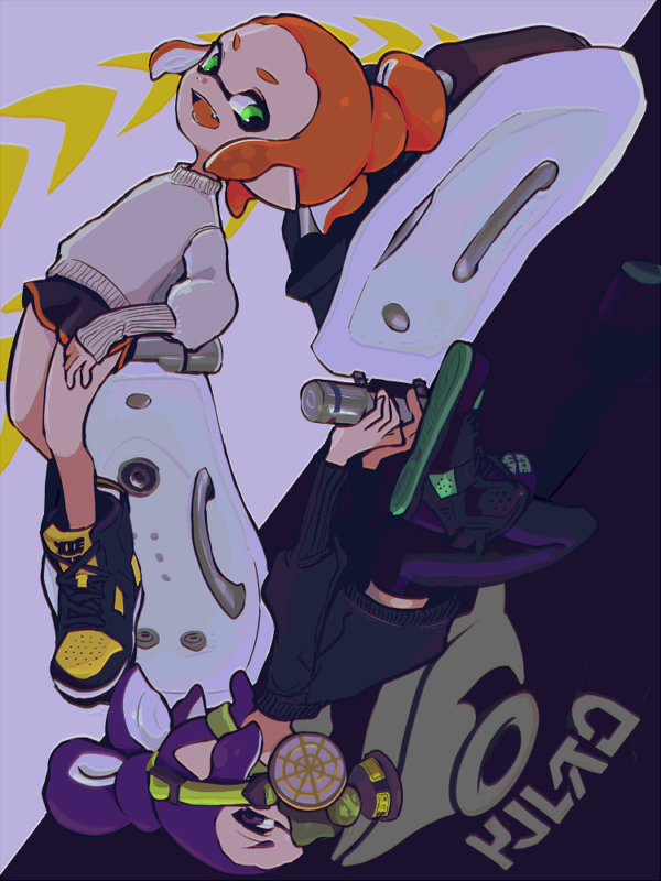 2girls black_leggings black_shoes black_shorts black_sweater bloblobber_(splatoon) colored_tongue commentary dolphin_shorts fang full_body green_eyes hair_bun high_tops holding holding_weapon imaikuy0 inkling inkling_girl inkling_player_character leggings long_sleeves mask multiple_girls nintendo open_mouth orange_hair orange_tongue pointy_ears purple_eyes purple_hair respirator shoes short_hair shorts sidelocks single_hair_bun smile sneakers splatoon_(series) sweater symbol-only_commentary tentacle_hair weapon white_sweater
