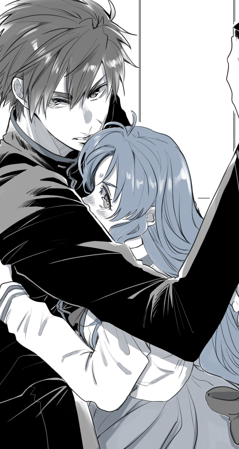 1boy 1girl black_jacket blue_hair chidori_kaname collared_shirt full_metal_panic! grey_hair hair_behind_ear highres hug ichino_(ame0211) jacket limited_palette looking_to_the_side parted_lips sagara_sousuke shirt skirt v-shaped_eyebrows