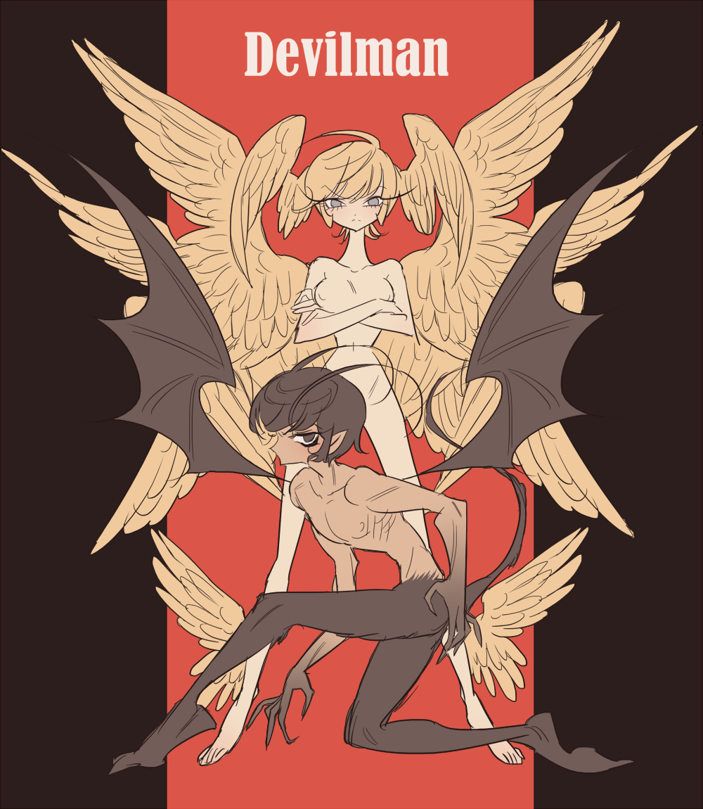2boys angel asuka_ryou barefoot black_wings blonde_hair body_fur breasts brown_fur brown_hair commentary_request completely_nude copyright_name crossed_arms dark-skinned_male dark_skin demon_boy demon_wings devilman devilman_(character) devilman_crybaby feathered_wings fudou_akira full_body grey_eyes head_wings leg_wings legs_apart looking_at_viewer male_focus male_with_breasts male_with_male medium_breasts meremero multiple_boys narrow_waist nipples nude on_one_knee pectorals ribs satan_(devilman) short_hair standing trap wings