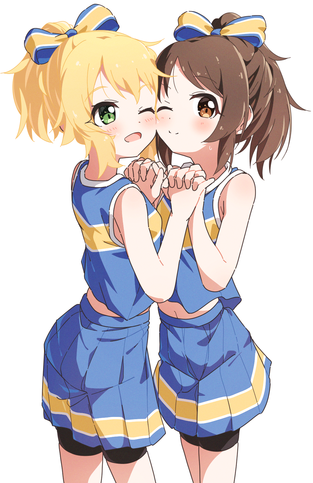 2girls bare_arms bare_shoulders bike_shorts_under_skirt blonde_hair blue_shirt blue_skirt blush bow breasts brown_eyes brown_hair cheek-to-cheek cheerleader closed_mouth commentary_request cowboy_shot green_eyes hair_bow heads_together highres holding_hands idolmaster idolmaster_cinderella_girls interlocked_fingers matching_hairstyle midriff_peek multiple_girls one_eye_closed open_mouth pleated_skirt ponytail sakurai_momoka shirt simple_background skirt sleeveless sleeveless_shirt small_breasts smile standing tachibana_arisu white_background yairo_ju yellow_bow