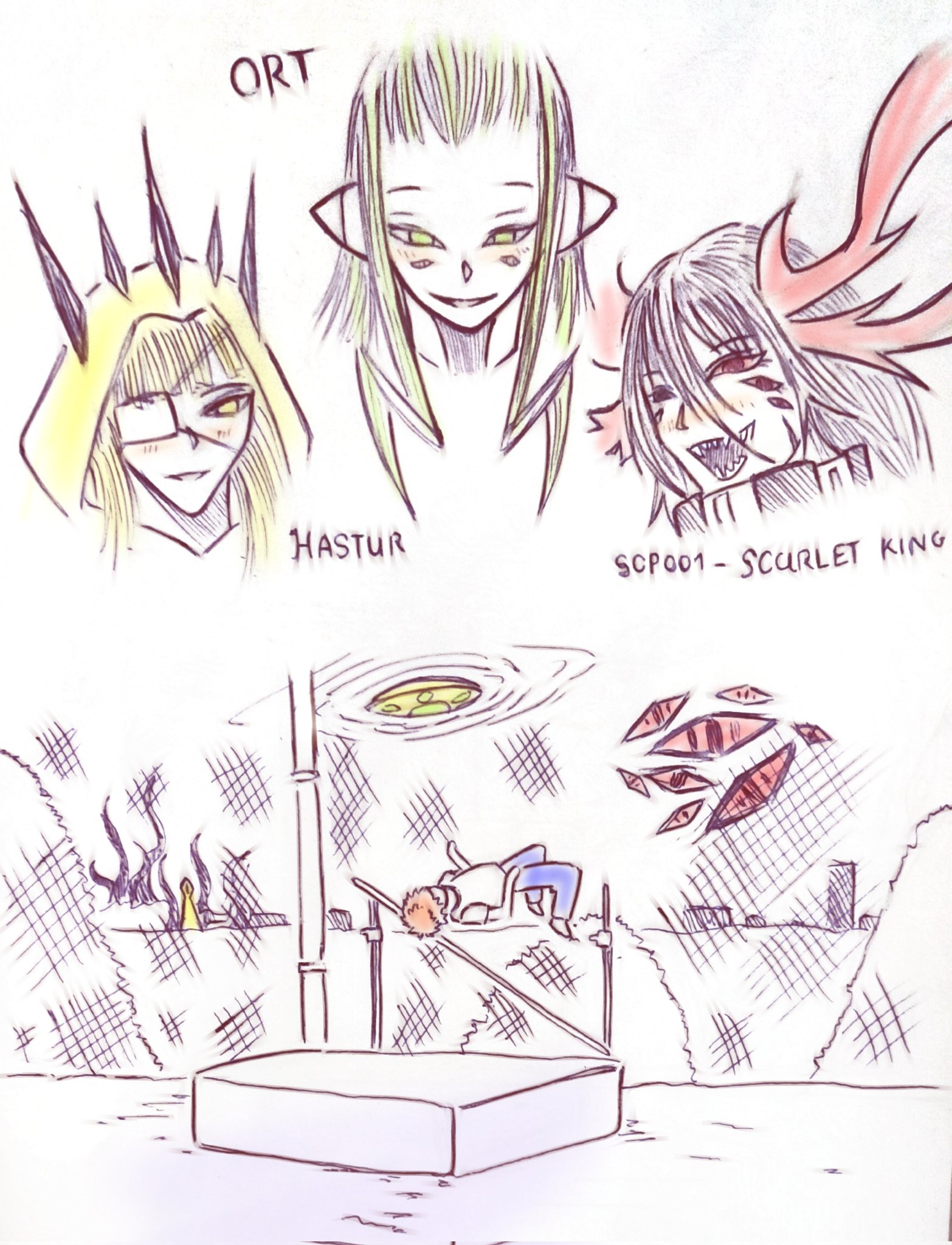 1boy 3girls alien black_hair blonde_hair blush colored_eyelashes crown_of_thorns cthulhu_mythos demon_horns emiya_shirou extra_eyes fate/grand_order fate/stay_night fate_(series) genderswap genderswap_(mtf) green_eyes green_hair grin hastur highres hood horns huge_horns long_hair longlere multiple_girls orange_hair ort_(type-moon) raglan_sleeves red_eyes red_hair robe scarlet_king_(scp) scp_foundation sharp_teeth short_hair smile teeth tentacles tsukihime type-moon white_eyelashes yellow_cloak yellow_eyes yellow_robe
