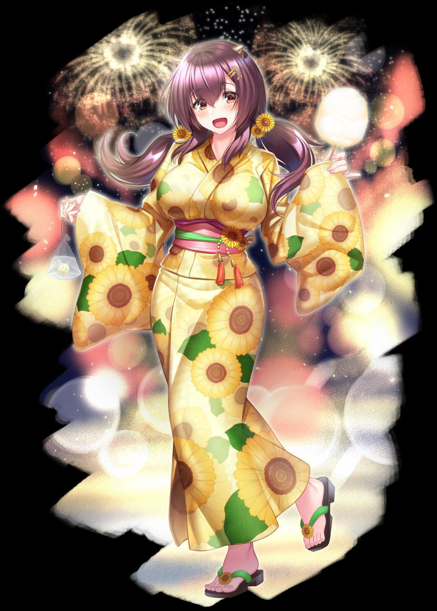 1girl :d asane_ken azur_lane barefoot_sandals_(jewelry) black_background blurry bokeh breasts cotton_candy depth_of_field fireworks floral_print food full_body hair_between_eyes hair_ornament hairclip hand_up highres holding holding_cotton_candy holding_food horns japanese_clothes kimono large_breasts long_sleeves looking_at_viewer low_twintails manjuu_(azur_lane) nagara_(azur_lane) nail_polish open_mouth purple_hair smile solo sparkle standing standing_on_one_leg sunflower_print tassel toenail_polish toenails twintails wide_sleeves yellow_kimono yukata