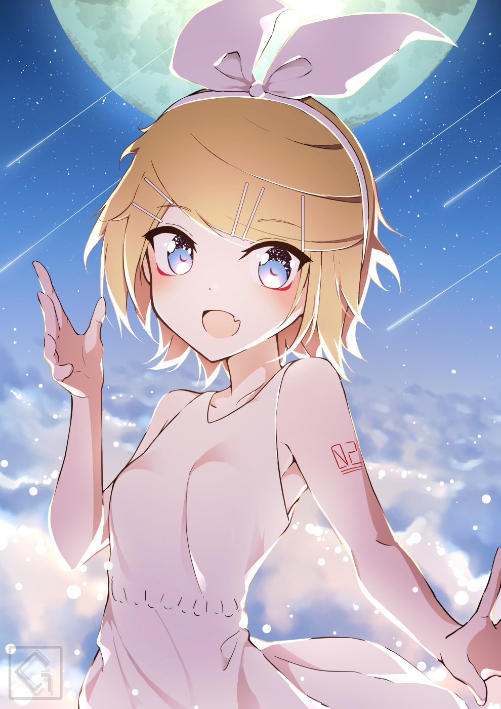 1girl above_clouds armpit_crease artist_logo backlighting bare_arms blonde_hair blue_eyes bow bow_hairband cloud dress fang full_moon giryu hair_bow hair_ornament hairband hairclip hand_up highres kagamine_rin logo looking_at_viewer moon night night_sky open_mouth shooting_star short_hair shoulder_tattoo skin_fang sky sleeveless sleeveless_dress smile solo star_(sky) swept_bangs tattoo upper_body vocaloid white_bow white_dress