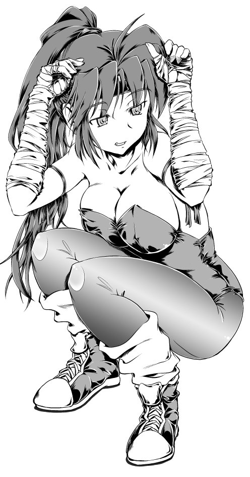 1girl breakers breakers_revenge breasts cleavage cover cover_page female_focus headband kenzzy_grc leg_warmers leotard looking_away loose_socks monochrome open_mouth pantyhose ponytail shoes simple_background sneakers socks solo squatting tia_langray wrist_wrap
