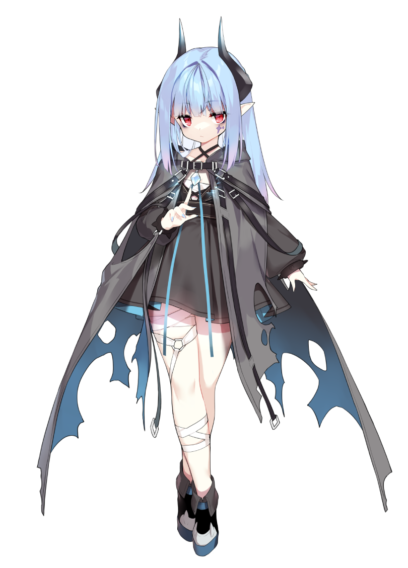 1girl bandaged_leg bandages black_cloak black_dress blue_hair blue_nails blush cloak closed_mouth crossed_legs curled_horns dress facial_mark full_body hood hood_down hooded_cloak horns long_hair long_sleeves looking_at_viewer nail_polish original pointy_ears puffy_long_sleeves puffy_sleeves red_eyes saru simple_background sleeves_past_wrists solo standing torn_cloak torn_clothes watson_cross white_background