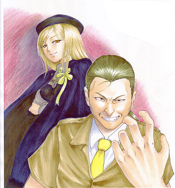 07th_expansion 1boy 1girl beret blonde_hair brown_eyes cape crossed_arms green_hair hat higurashi_no_naku_koro_ni long_hair long_nose looking_at_viewer necktie no_naku_koro_ni_(series) okonogi_tetsurou open_mouth pointy_nose ponytail ribbon shiganai_might simple_background skirt smile takano_miyo teeth traditional_media uniform