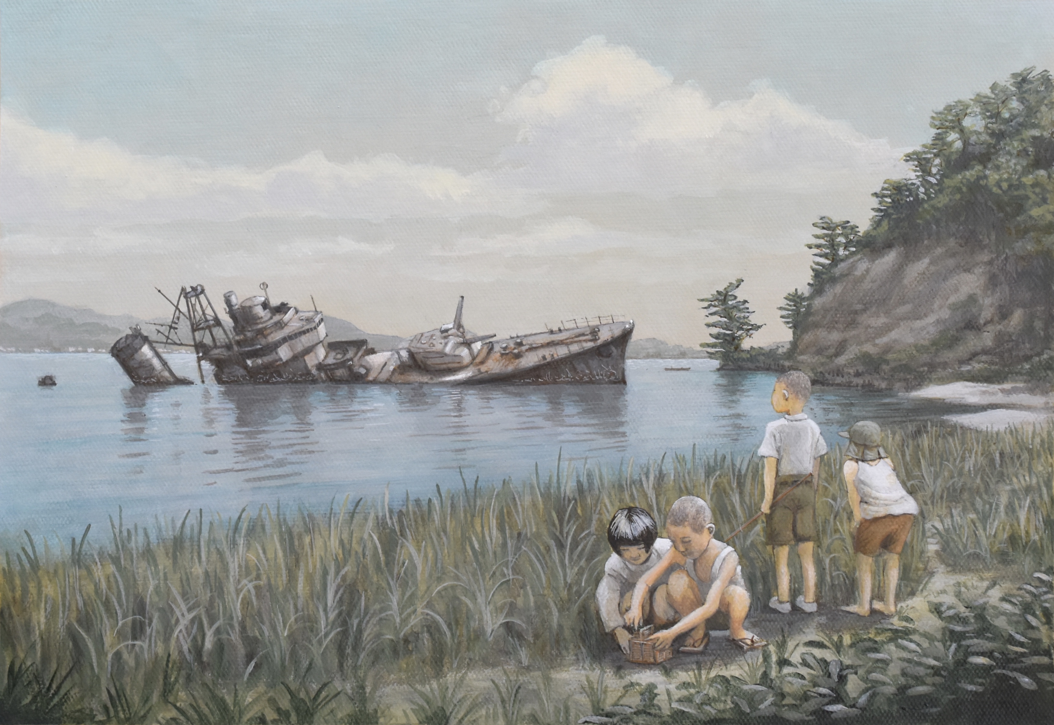 1girl 3boys absurdres acrylic_paint_(medium) atelier_bono cannon child cliff grass hatsushimo_(destroyer) highres japan mountainous_horizon multiple_boys ocean original painting_(medium) rust scenery ship_turret shipwreck sky smokestack traditional_media tree