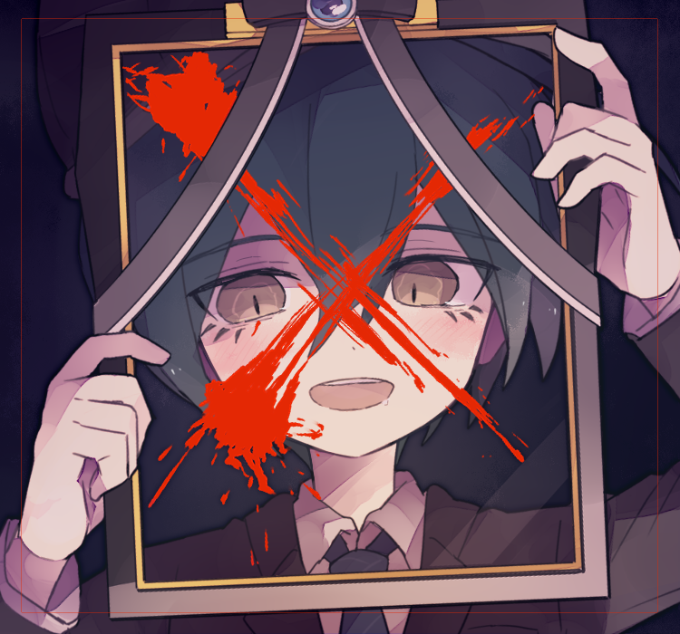 1boy baseball_cap black_background black_hat black_jacket blazer blood blood_splatter blue_hair blue_necktie collared_jacket collared_shirt commentary_request danganronpa_(series) danganronpa_v3:_killing_harmony eyelashes hair_between_eyes hat holding holding_picture_frame iei jacket lapels layered_sleeves light_blush long_sleeves necktie notched_lapels official_alternate_costume open_mouth picture_frame ruri_(2620981) saihara_shuichi shirt short_hair smile solo straight-on teeth upper_body upper_teeth_only white_hair yellow_eyes