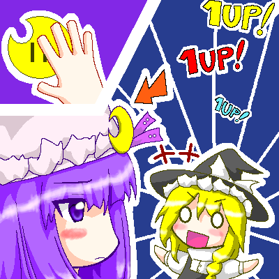 +++ 1up 2girls arrow_(symbol) blonde_hair braid crescent_moon crossover hat kirisame_marisa lowres mario_(series) moon multiple_girls myonde nintendo o_o oekaki parody patchouli_knowledge single_braid super_mario_bros._1 super_mario_world super_marisa_world touhou witch witch_hat |_|