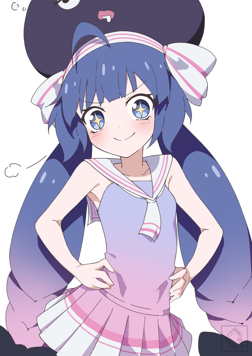 1girl puff_of_air bare_arms black_bow blue_eyes blue_hair blunt_bangs blush bow commentary cowboy_shot eel_hat giryu gradient_hair hair_bow hands_on_own_hips highres large_hat long_hair looking_at_viewer low_twintails multicolored_hair otomachi_una otomachi_una_(talkex) pink_skirt pleated_skirt purple_hair purple_headwear purple_shirt sailor_collar saliva shirt skirt sleeveless sleeveless_shirt smile solo sparkling_eyes talkex twintails v-shaped_eyebrows very_long_hair vocaloid voiceroid white_background white_sailor_collar