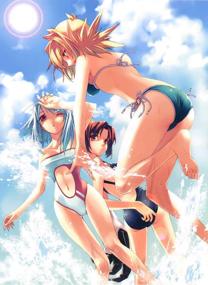 3girls albino ass beach bikini blonde_hair brown_eyes brown_hair center_opening cloud day feet hirano_katsuyuki hiro_(spectral_force) lens_flare mayura_(spectral_force) multiple_girls navel official_art one_eye_closed outdoors red_eyes roze roze_(spectral_souls) short_hair side-tie_bikini_bottom sky spectral_(series) spectral_force spectral_souls spectral_vs_generation summer swimsuit taut_clothes white_hair