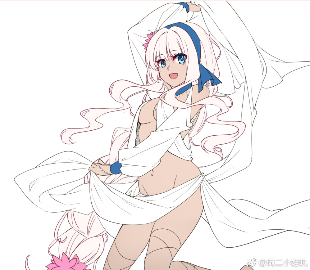 1girl :d aer_(tengqiu) blue_eyes blue_hairband breasts dancer dark-skinned_female dark_skin flower hair_flower hair_ornament hair_ribbon hairband long_hair looking_at_viewer low-braided_long_hair low-tied_long_hair open_mouth pink_flower ribbon simple_background smile solo south_dakota_(warship_girls_r) upper_body virtual_youtuber warship_girls_r wavy_hair white_background white_hair