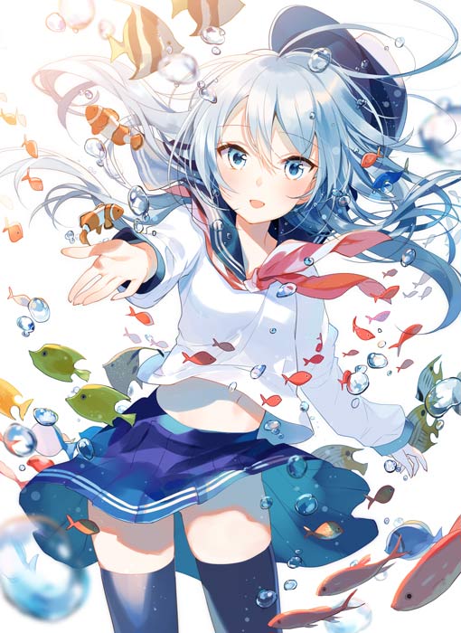 10s 1girl air_bubble anchor_symbol black_skirt black_thighhighs blue_eyes blush bubble female_focus fish flat_cap floating_hair hat hibiki_(kancolle) kantai_collection long_hair navel neckerchief pleated_skirt school_uniform serafuku silver_hair skirt smile solo thighhighs underwater yuzuki_kihiro