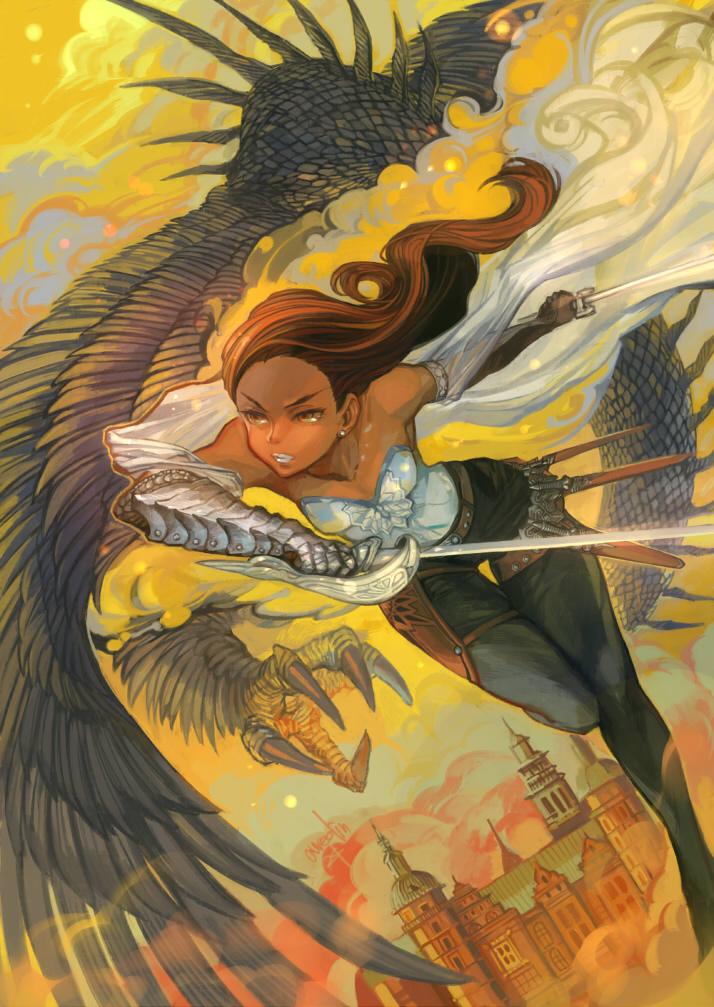 1girl basilisk black_pants brown_eyes brown_hair building dark_skin dark-skinned_female dual_wielding dutch_angle earrings fantasy feathers fighting_stance flying gauntlets holding holding_sword holding_weapon jewelry lipstick long_hair makeup monster nishiki_areku original pants running saber_(weapon) scales serious strapless sword thigh_gap weapon wings