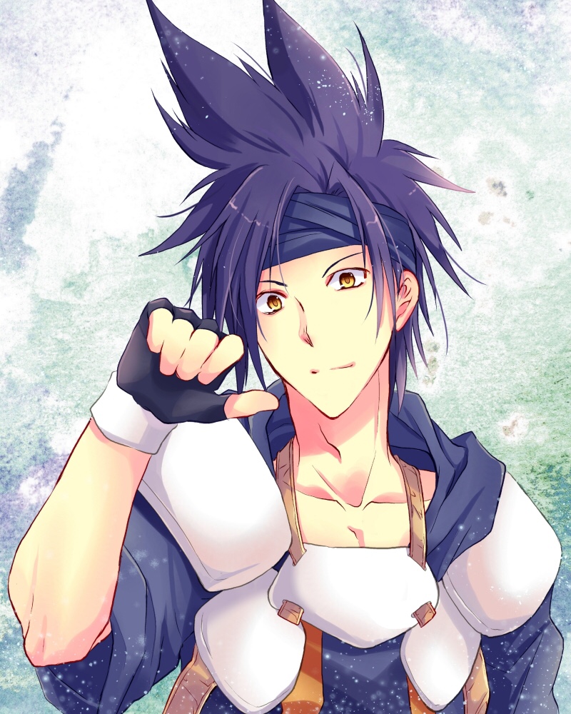 1boy albert_corraine armor black_gloves black_hair blue_headband brown_eyes fingerless_gloves gloves headband looking_at_viewer male_focus pointing pointing_at_self shirayuki_shion short_sleeves solo spiked_hair upper_body wide_sleeves yuukyuu_gensoukyoku