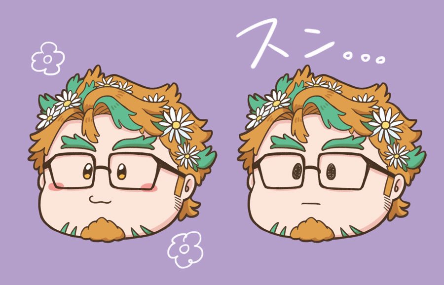 1boy bara blush_stickers character_request chibi chibi_only chumuta comparison cropped_head empty_eyes multiple_expressions facial_hair flower glasses goatee green_hair hair_flower hair_ornament hippolytus_(housamo) light_brown_hair looking_ahead male_focus multicolored_hair short_hair sideburns_stubble streaked_hair stubble thick_eyebrows tokyo_houkago_summoners translation_request two-tone_beard
