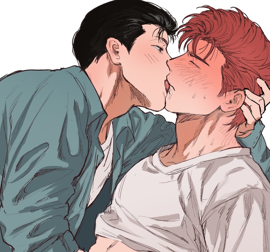 2boys 79_(ww034518291) blue_shirt blush closed_eyes closed_mouth clothes_lift collared_shirt commentary_request crew_neck hand_on_another&#039;s_neck korean_commentary licking licking_another&#039;s_face long_sleeves looking_at_another male_focus mito_youhei multiple_boys neck_blush open_clothes open_shirt red_hair sakuragi_hanamichi saliva shirt shirt_lift sideburns simple_background slam_dunk_(series) white_background white_shirt wing_collar yaoi