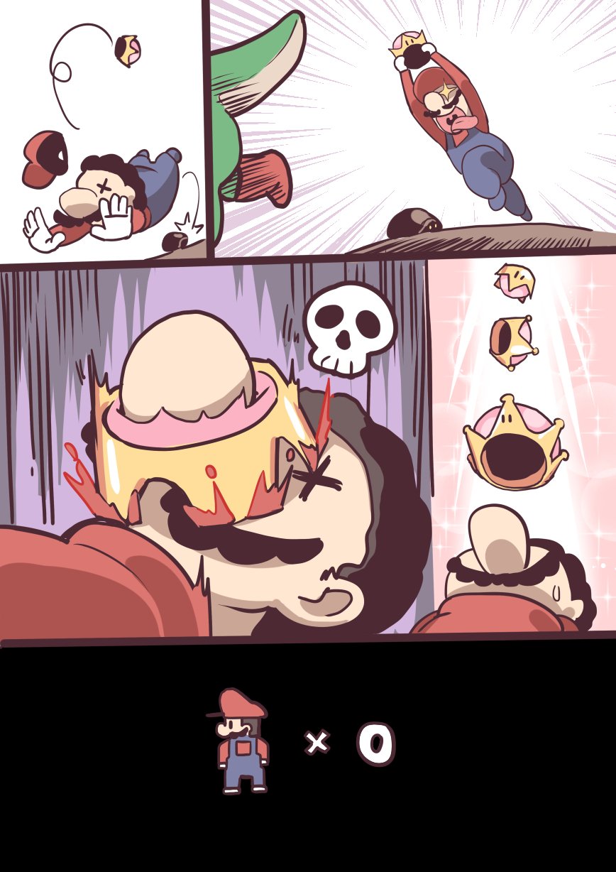 +_+ 1boy blood buzzy_beetle chasing death facial_hair gameplay_mechanics hat highres hm_(hmongt) mario mario_(series) mustache new_super_mario_bros._u_deluxe nintendo open_mouth overalls red_hat skull sparkle super_crown tongue tongue_out tripping unworn_hat unworn_headwear uvula x_x yoshi