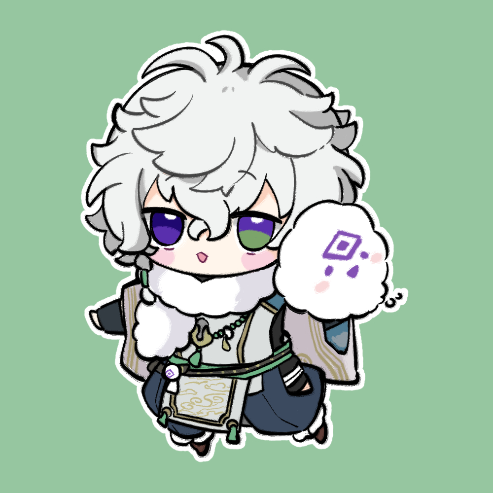 1boy black_pants blush_stickers chibi commentary full_body green_background green_eyes grey_hair hair_between_eyes heterochromia male_focus murakumo_kagetsu murakumo_kagetsu_(1st_costume) nijisanji nozo_(hitomiz) open_mouth outline pants puffy_pants purple_eyes simple_background solo virtual_youtuber white_outline