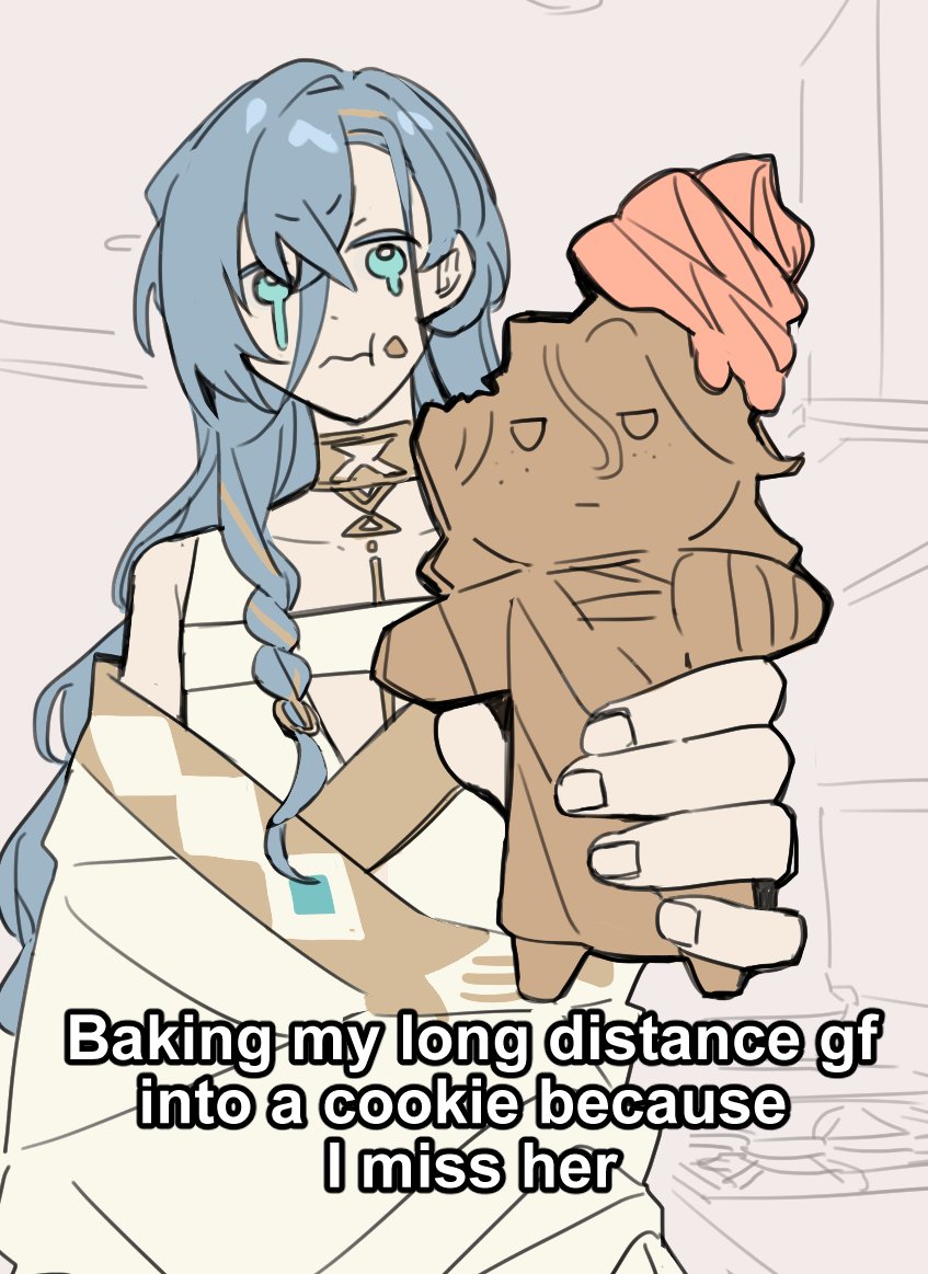1girl 37_(reverse:1999) baking_my_long_distance_bf_into_a_cookie_because_i_miss_him_(meme) blue_eyes blue_hair braid character_cookie closed_mouth cookie crossed_bangs crying crying_with_eyes_open english_text food food_on_face furrowed_brow gold_choker greco-roman_clothes holding holding_cookie holding_food indoors kitchen long_hair looking_at_viewer meme reverse:1999 solo sophia_(manus_vindictae)_(reverse:1999) sophia_(reverse:1999) tears toga wavy_mouth wo_shi_nugui