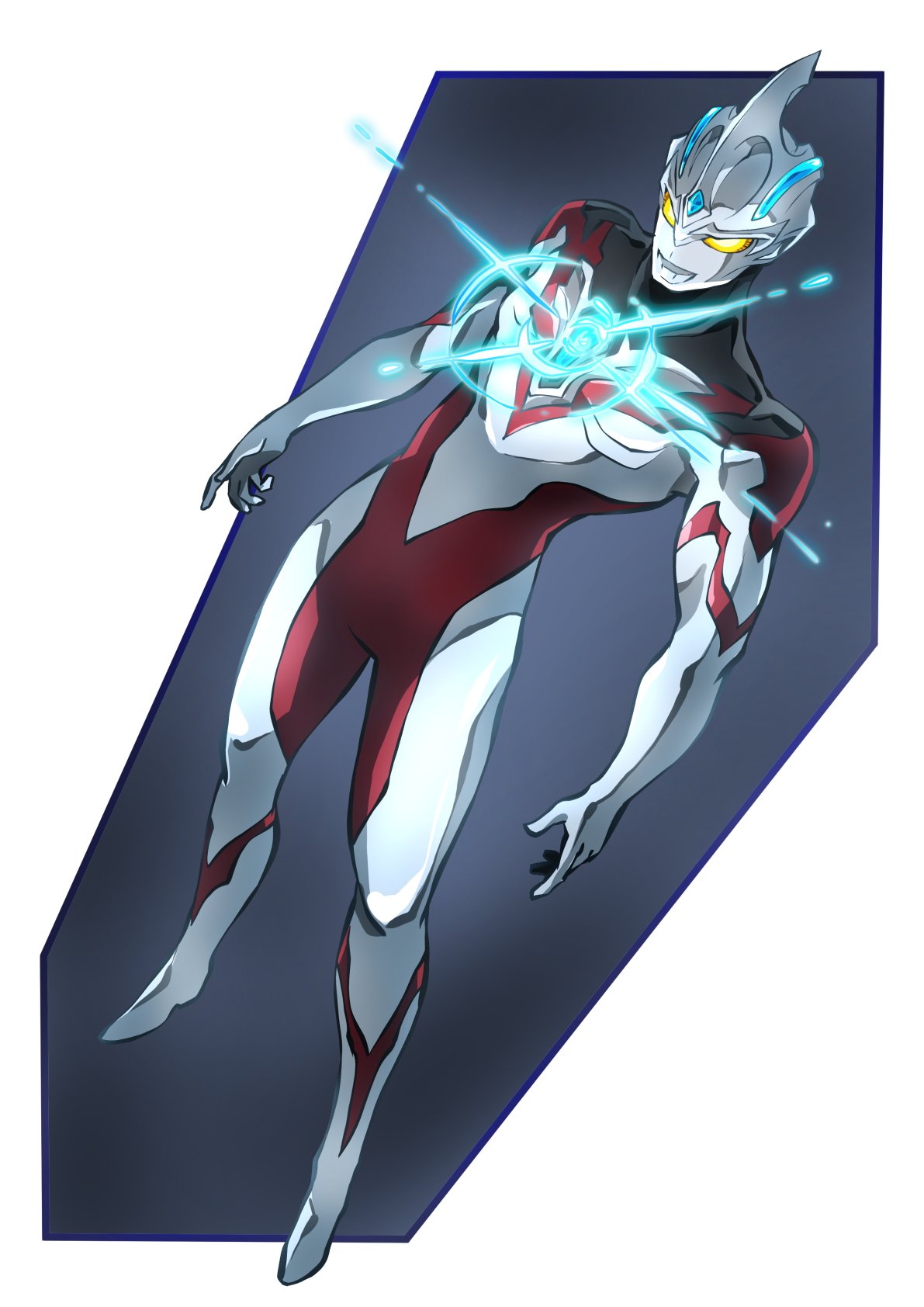 1boy alien black_background black_skin blue_gemstone color_timer colored_skin commentary_request floating forehead_jewel full_body gem glowing highres male_focus multicolored_skin red_skin silver_skin solo sparkle taiga_hiroyuki tokusatsu ultra_series ultraman_arc ultraman_arc_(series) yellow_eyes