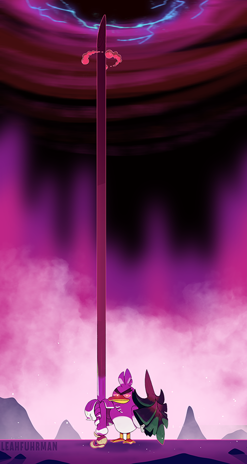 commentary creature dynamax english_commentary fog gen_8_pokemon gigantamax gigantamax_(other) holding holding_sword holding_weapon leah_fuhrman looking_at_viewer nintendo no_humans outdoors pokemon pokemon_(creature) signature sirfetch&#039;d solo standing sword weapon