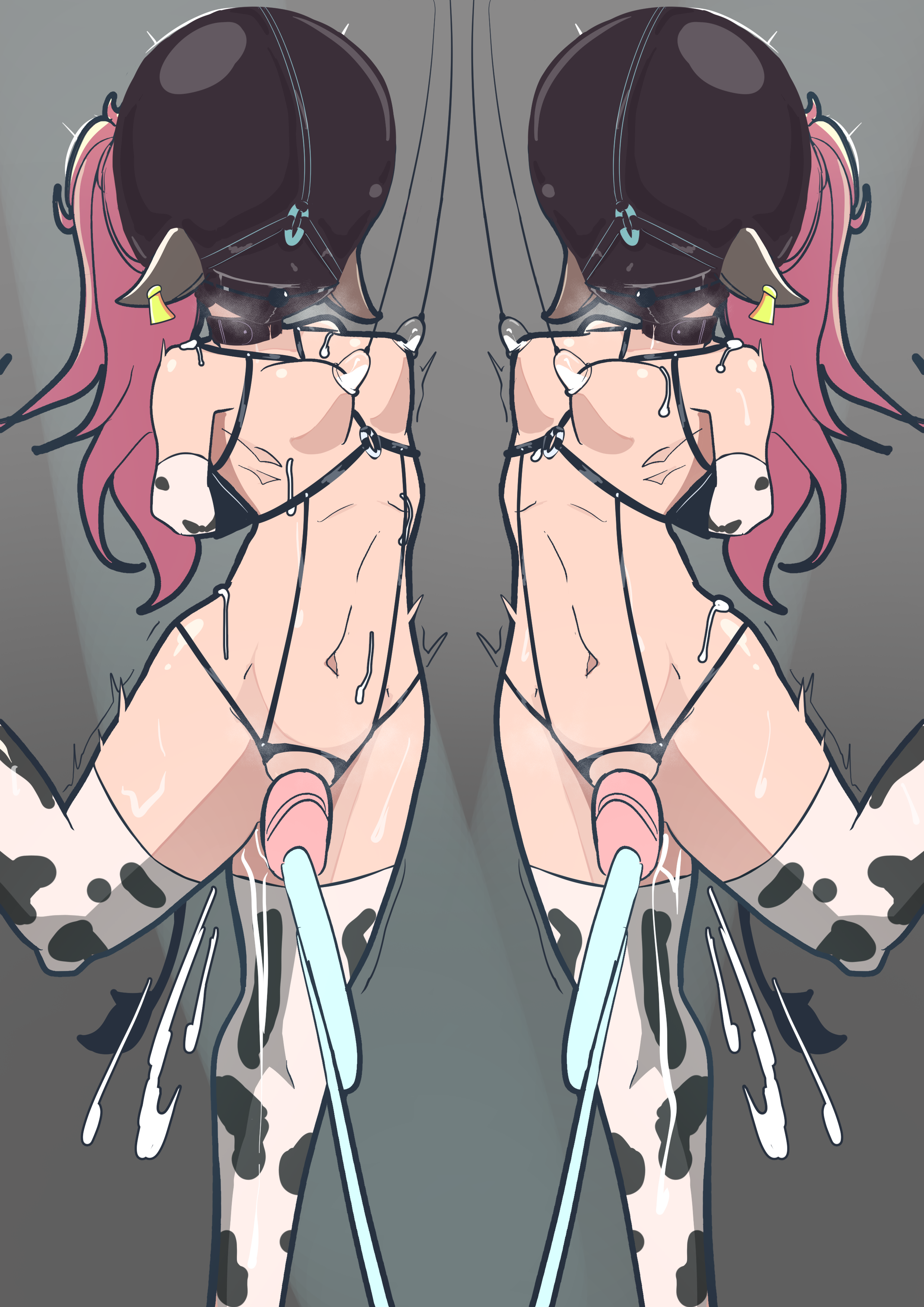 2girls absurdres animal_ears animal_print animeretrograde bdsm bondage bound cow_ears cow_girl cow_print cow_print_gloves cow_print_thighhighs cum gag gimp_mask gloves head_harness highres human_cattle mask milking milking_machine multiple_girls pink_hair ponytail print_gloves print_thighhighs sex_toy siblings sisters slave sweat thighhighs twins vibrator