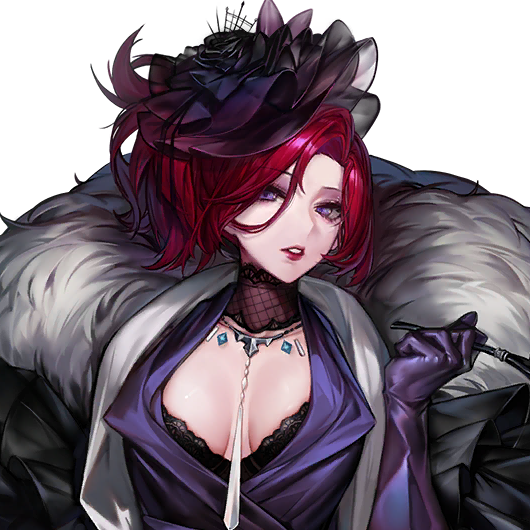 1girl breasts breasts_apart cleavage coat dress female_focus fur_coat game_cg gloves hair_between_eyes hat head_tilt high_collar holding jam_(nandade) jewelry lace_trim last_origin lemonade_delta lipstick looking_at_viewer makeup medium_breasts medium_hair necklace official_art purple_dress purple_eyes purple_gloves red_hair see-through_hat shawl teeth transparent_background upper_body