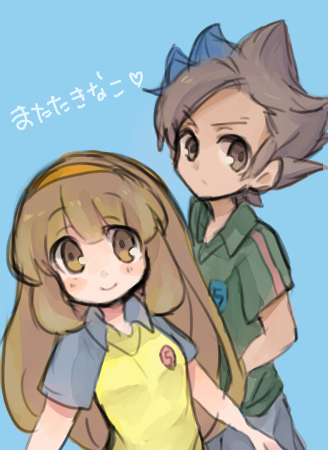 10s 1boy 1girl bad_id bad_pixiv_id battle_eleven best_eleven blue_background blue_hair blush brown_eyes brown_hair hairband heart inazuma_eleven_(series) inazuma_eleven_choujigen_dream_match inazuma_eleven_go inazuma_eleven_go_chrono_stone inazuma_eleven_go_galaxy long_hair looking_at_viewer matatagi_hayato multicolored_hair nankai nanobana_kinako simple_background smile soccer_uniform sportswear translated two-tone_hair