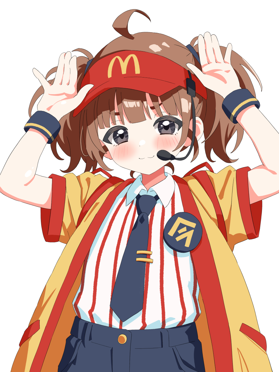 1girl ahoge badge black_eyes blue_necktie blue_shorts brown_hair button_badge closed_mouth commentary dress_shirt employee_uniform fast_food_uniform hair_tie hat headset highres imadake_dabuchi_tabemi mcdonald&#039;s necktie rabbit_pose red_hat shirt short_hair short_sleeves shorts smile solo striped_clothes striped_shirt tasuki tie_clip twintails vertical-striped_clothes vertical-striped_shirt visor_cap white_shirt wing_collar wristband yellow_happi yokoshima_akunusu