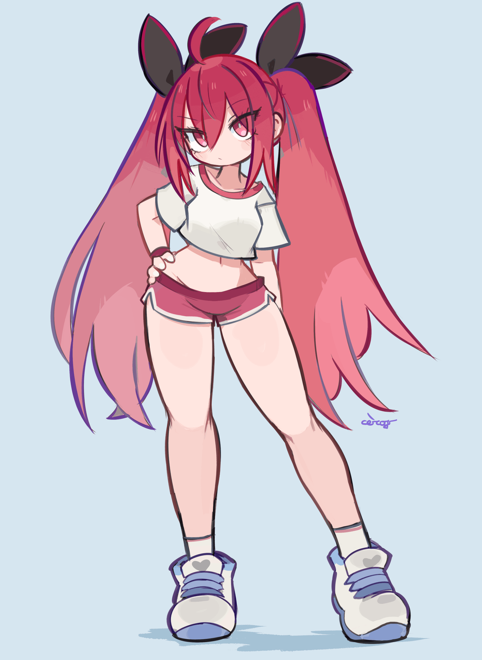 1girl ahoge black_ribbon blush ceroro closed_mouth cropped_shirt date_a_live dot_mouth full_body hand_on_own_hip highres itsuka_kotori long_hair looking_at_viewer navel red_eyes red_hair red_shirt red_shorts ribbon shirt shoes shorts sidelocks solo twintails very_long_hair white_shoes